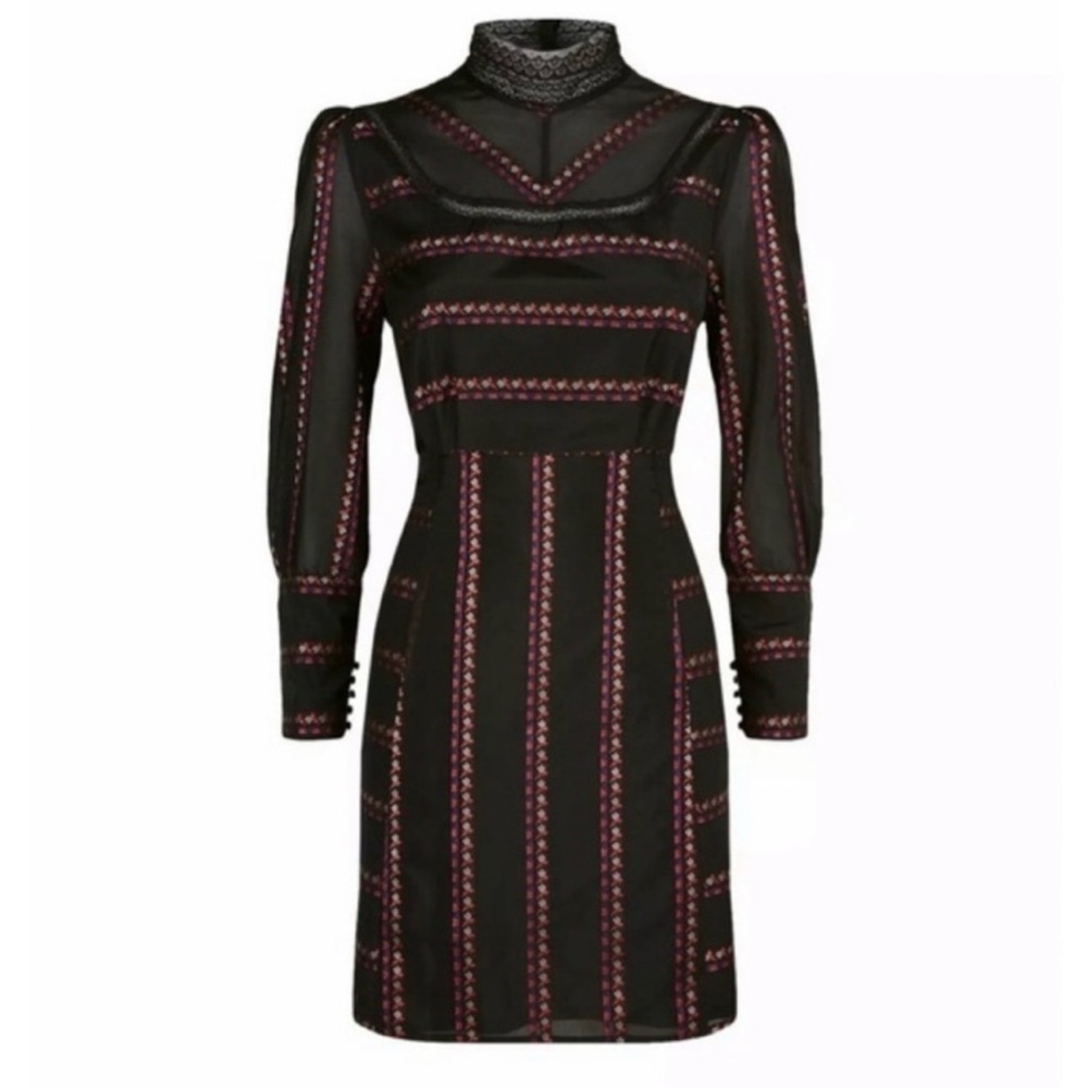 NEW Sandro Sibel Black Dress Mock Neck Lace & Metallic Thread Size 2 Medium